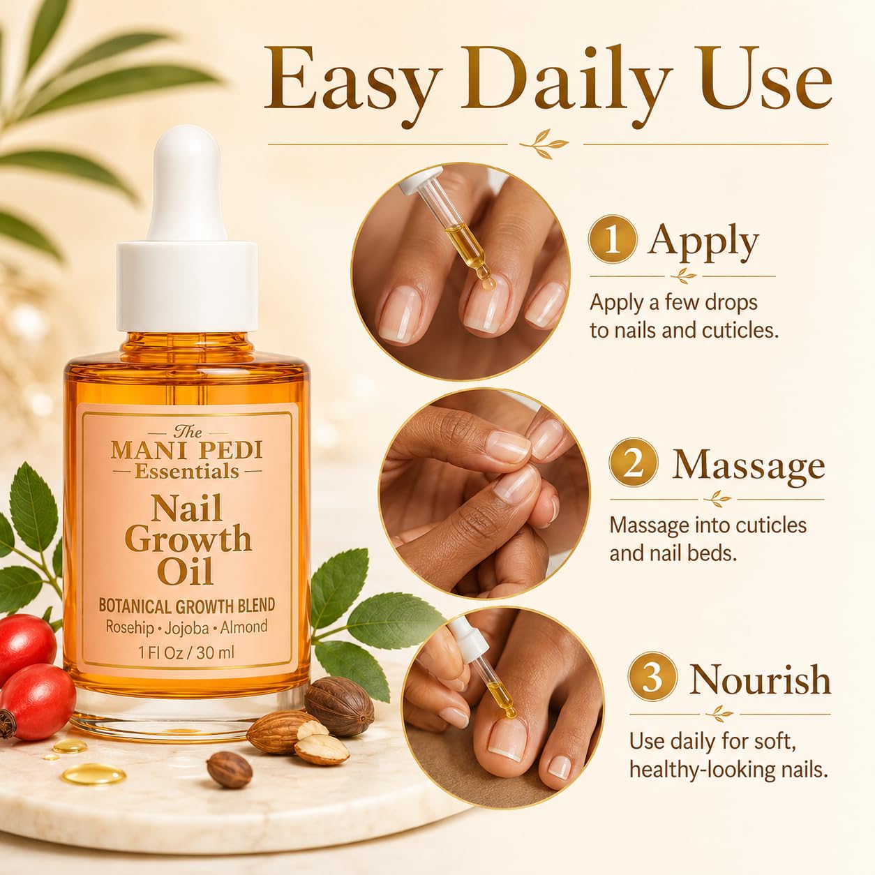 The Mani Pedi Essentials bottle beside a coin showing compact portable size benefit