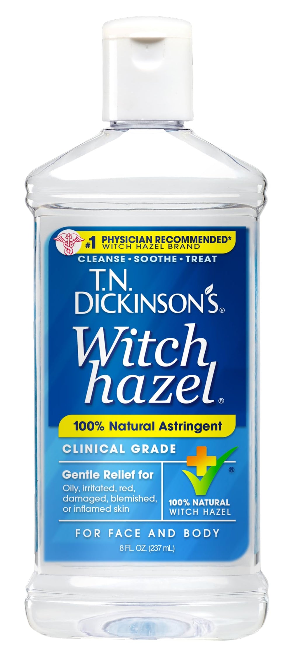 T.N. Dickinson's front bottle showing clear astringent and simple packaging benefits gentle care