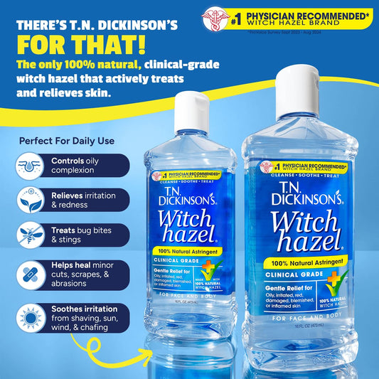 T.N. Dickinson's label close-up highlighting 100% natural witch hazel and purity assurance