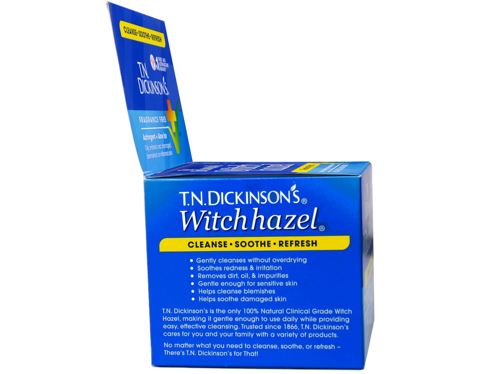 T.N. Dickinson's pad being used on face to demonstrate quick no-rinse cleansing
