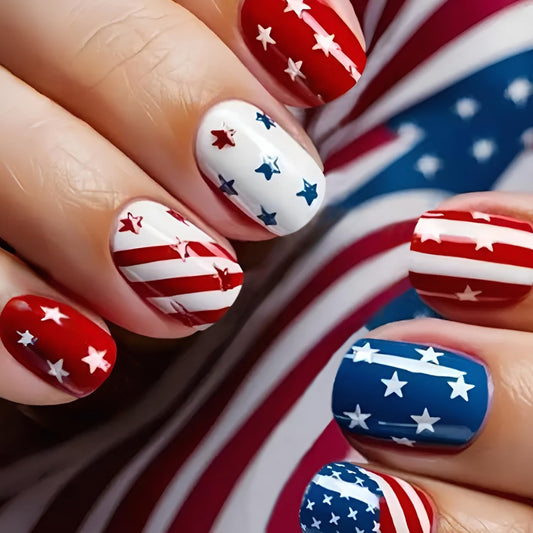 Tnbuokas front packaging showing 24-piece patriotic press-on nail kit benefits quick use