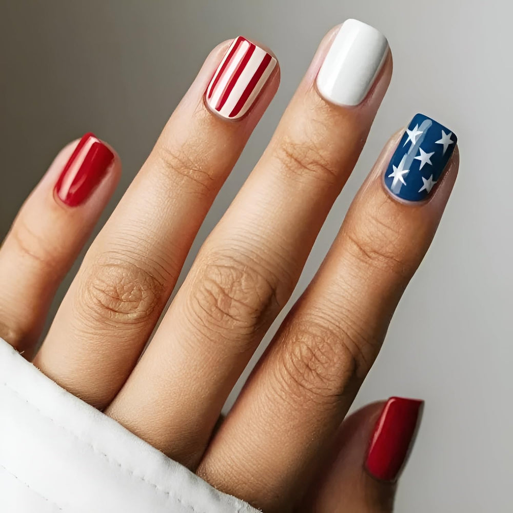 Tnbuokas front packaging showing patriotic press-on nails and included glue