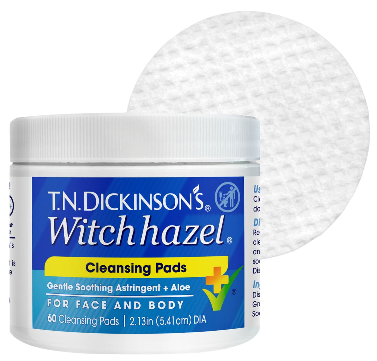 T.N. Dickinson's front packaging showing 60-count tub and branding benefits