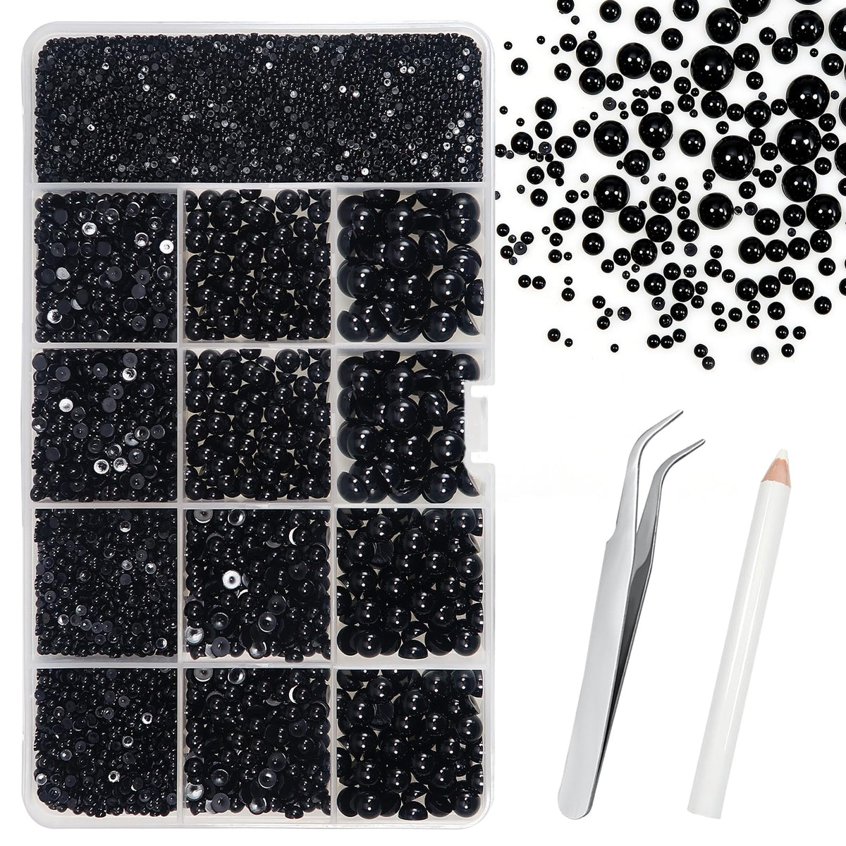 TOAOB front-of-box showing black pearl assortment and included tools for crafting