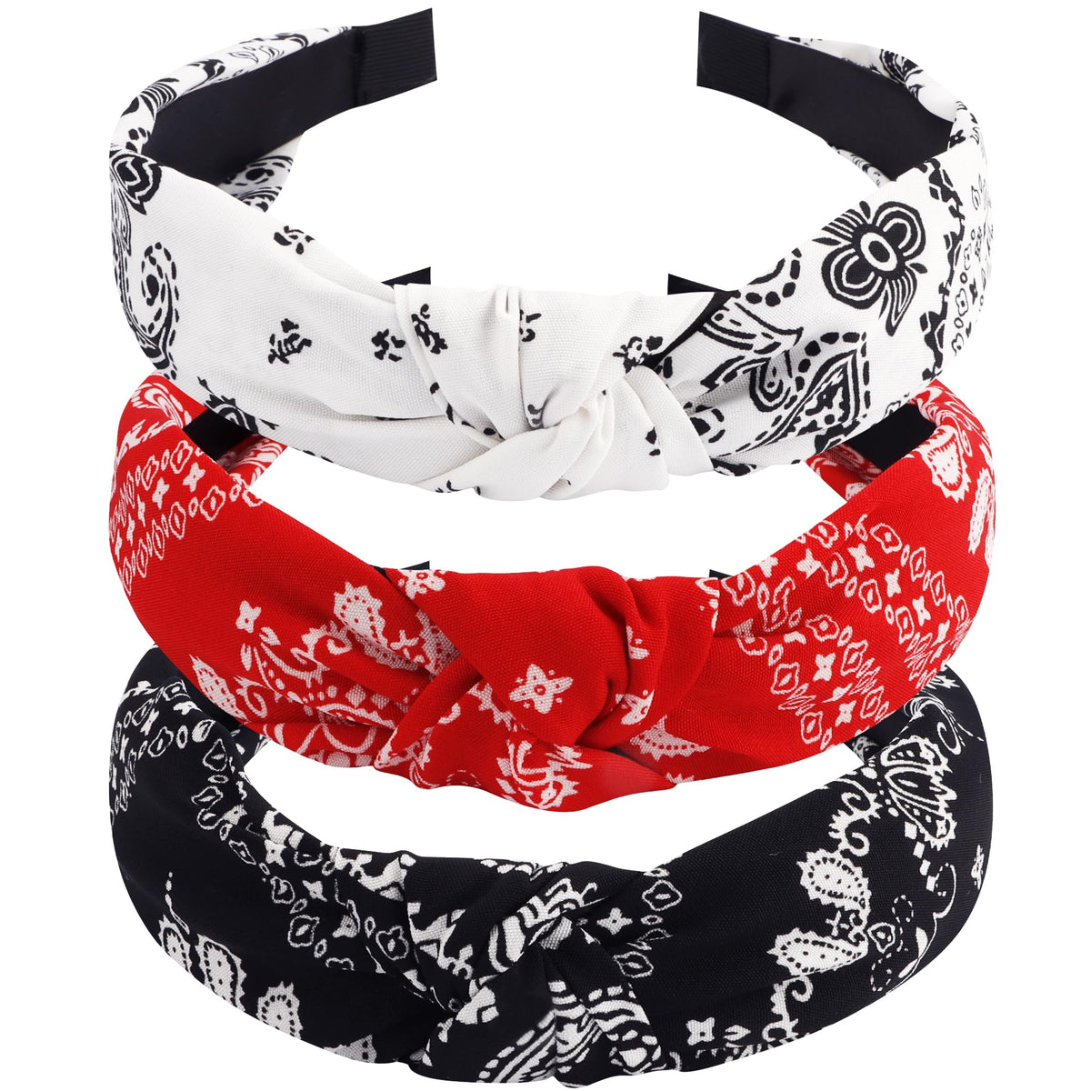 TOBATOBA front view showing three paisley headbands and vibrant colors