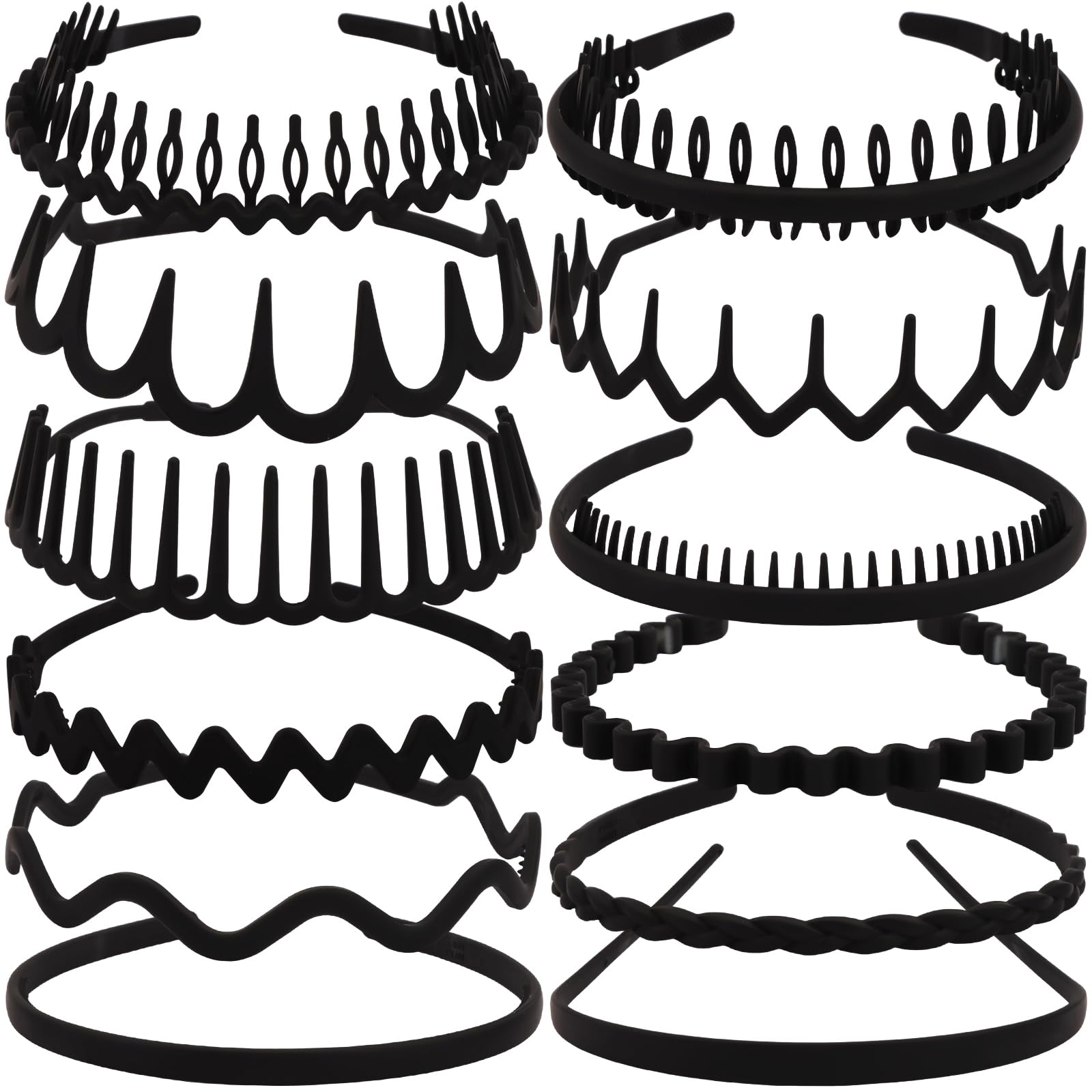 TOBATOBA front view of 12 black headbands showing variety and compact packaging — versatile styling