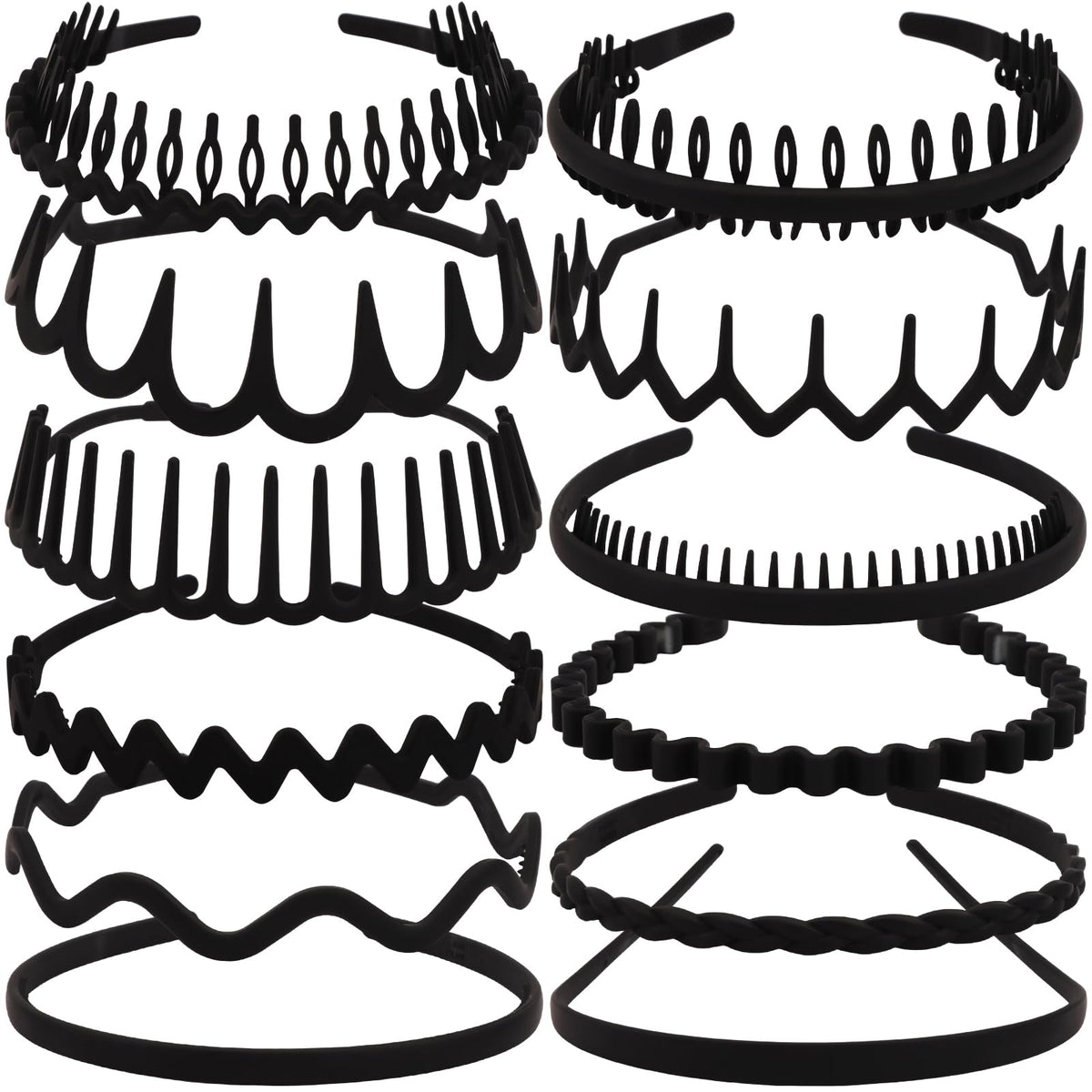 TOBATOBA front view of 12 black headbands showing variety and compact packaging — versatile styling