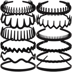 TOBATOBA front view of 12 black headbands showing variety and compact packaging — versatile styling