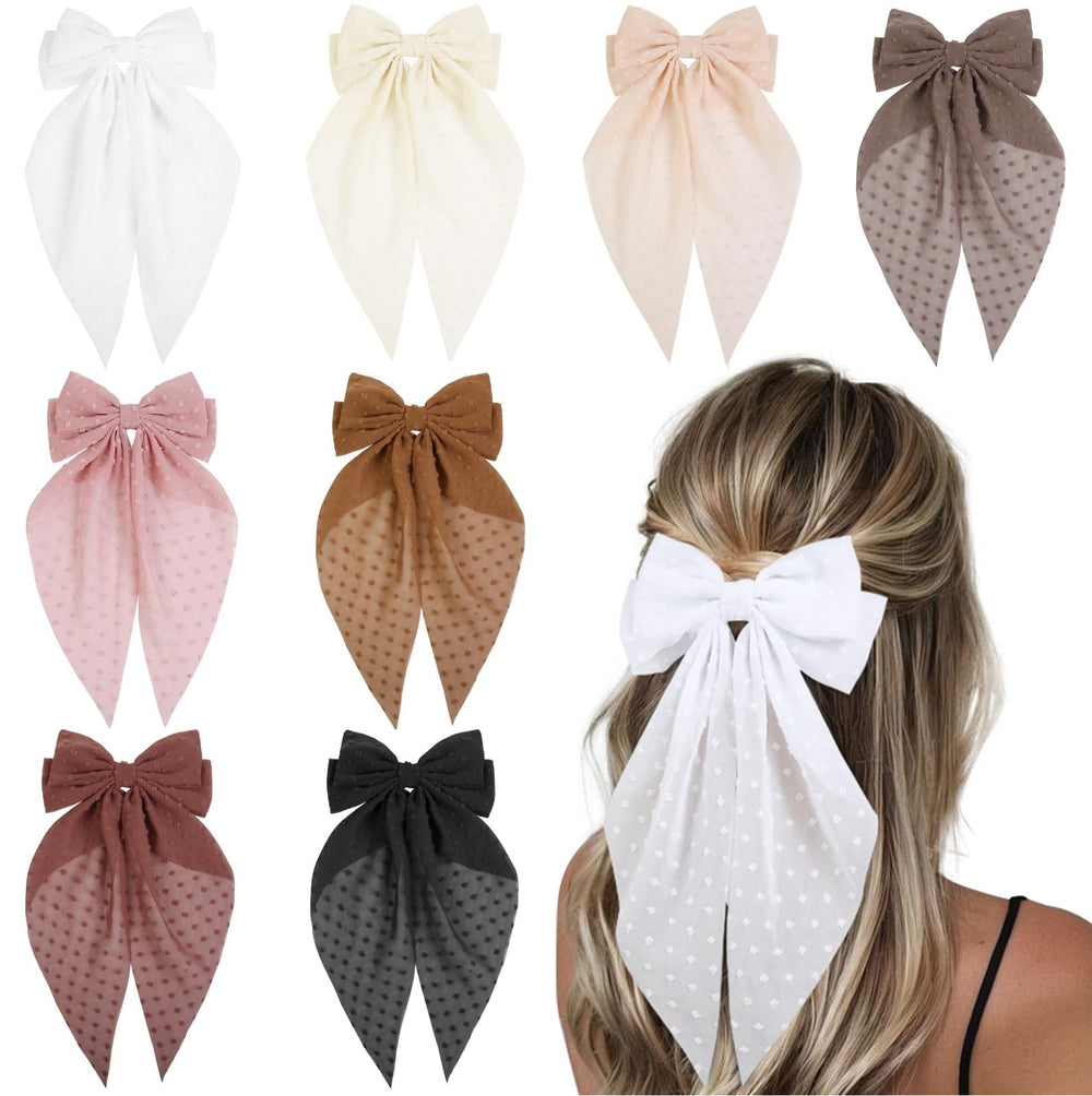 Tobeffect front view of eight assorted oversized bows, shows variety and styling options