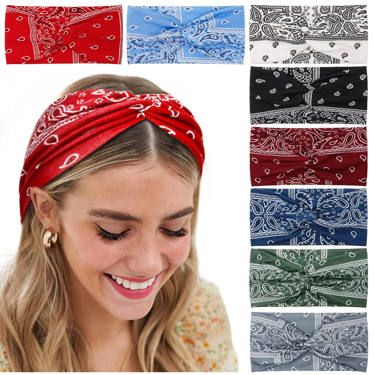 Tobeffect front view of eight-color headband set showing variety and convenience