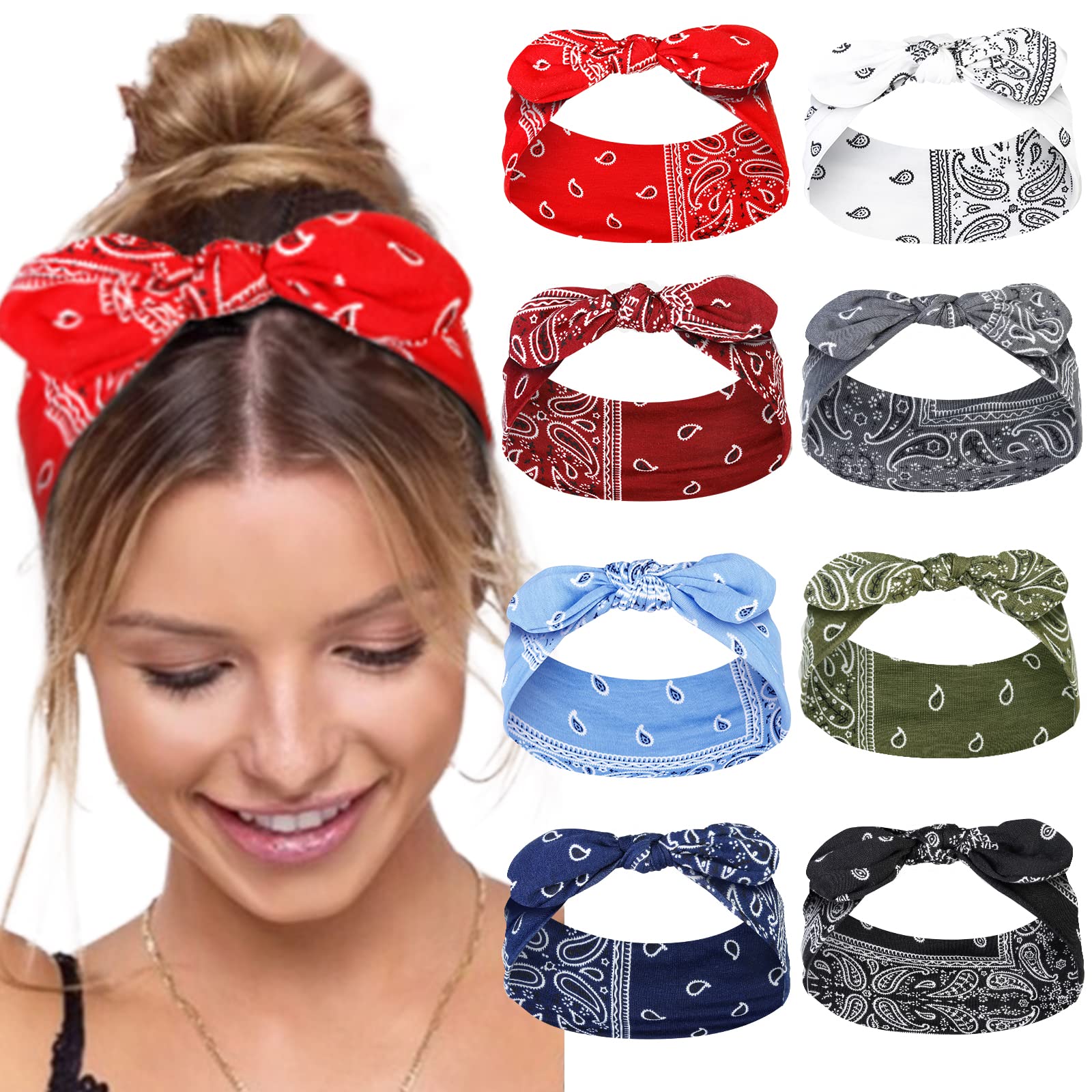 Tobeffect front view of eight paisley bandana headbands, quick outfit upgrade
