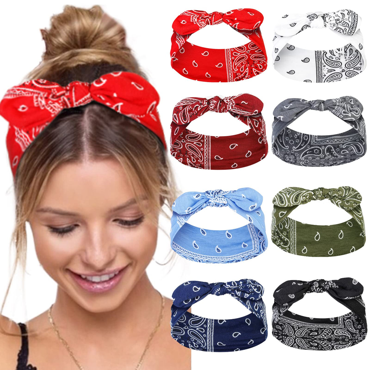 Tobeffect front view of eight paisley bandana headbands, quick outfit upgrade
