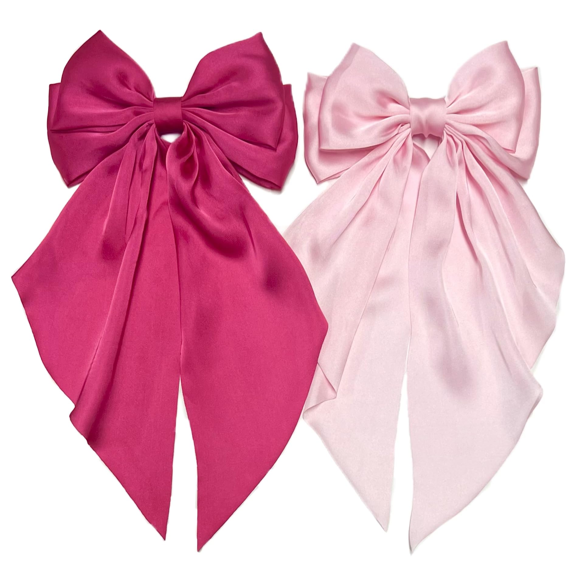 Tobeffect front view of two pink satin bows showing colors and shape, ideal for styling