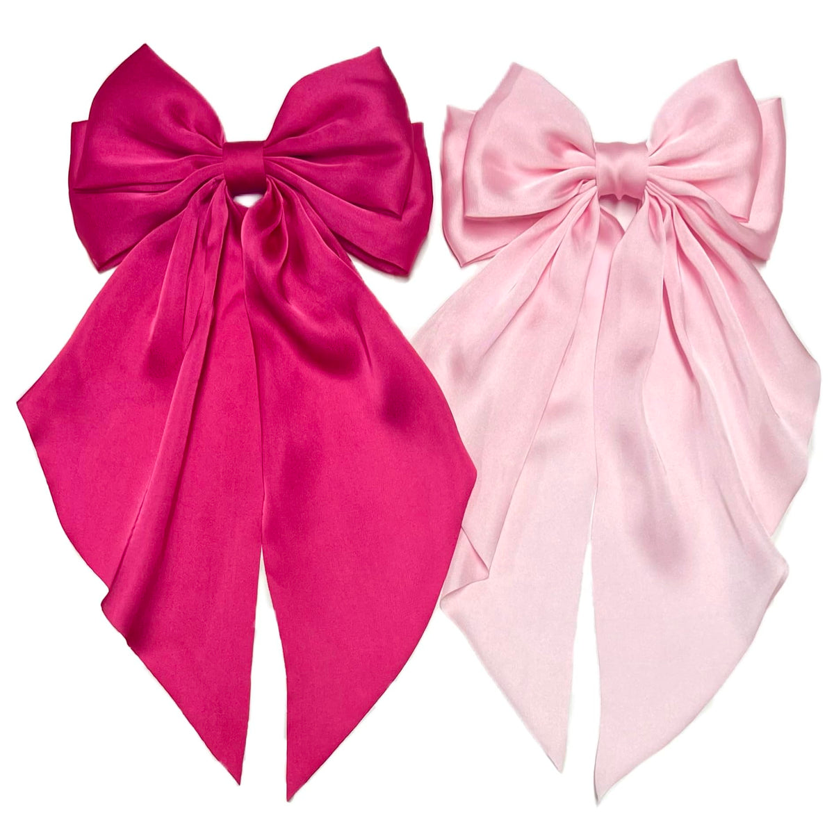 Tobeffect front view of two pink satin bows showing colors and shape, ideal for styling
