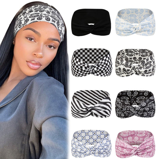 Tobeffect front view of the eight headbands showing coordinated prints and color variety for styling