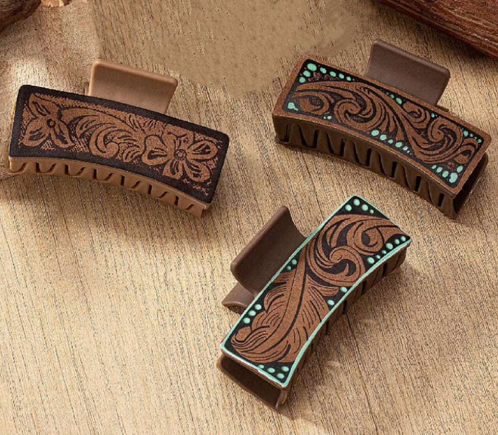 Tobeffect front view of three western claw clips showing colors and design benefits