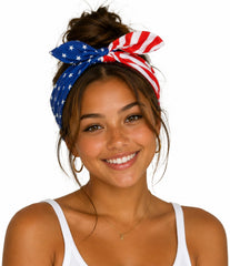 Tobeffect headband front view showing patriotic bow and full pattern benefit: instant festive look