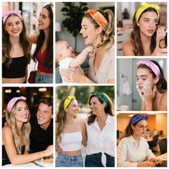 Tobeffect headband worn by model at brunch demonstrating fashionable, comfortable benefit