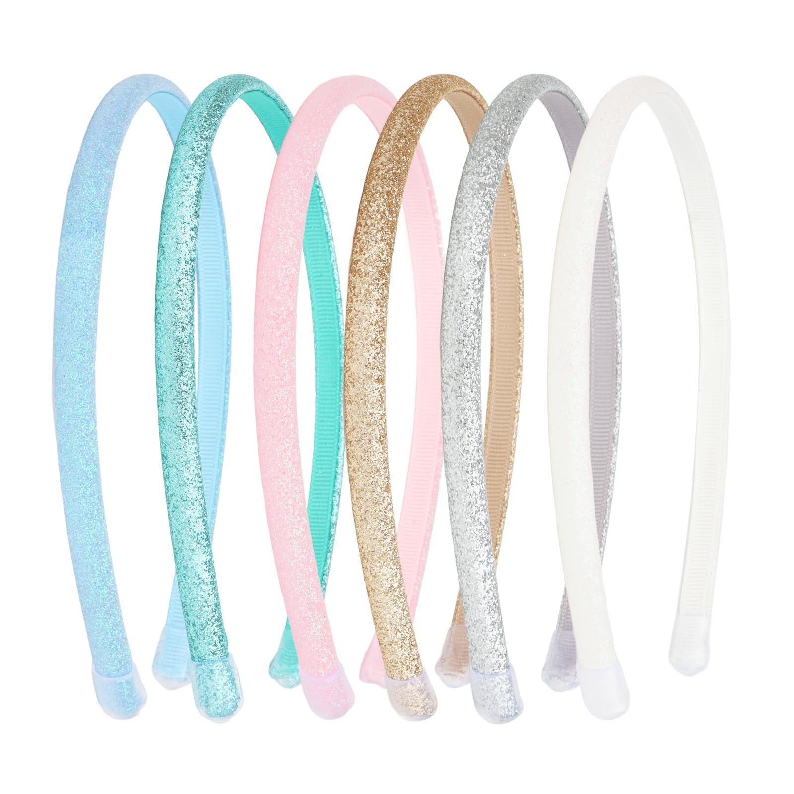 TODDER front view of six glitter headbands showing colors and packaging benefit