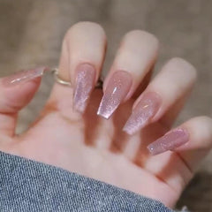 TOGZOM front view of 24-piece pink cat-eye coffin nail set showing glossy finish and packaging benefit