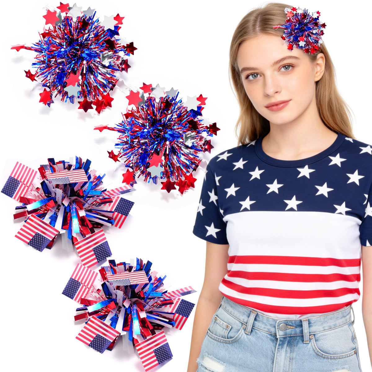 Tokcousun front packaging showing four patriotic pom-pom clips and benefits