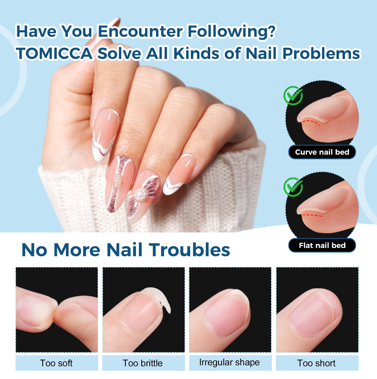 TOMICCA almond tips with gel polish demonstrating versatile art base