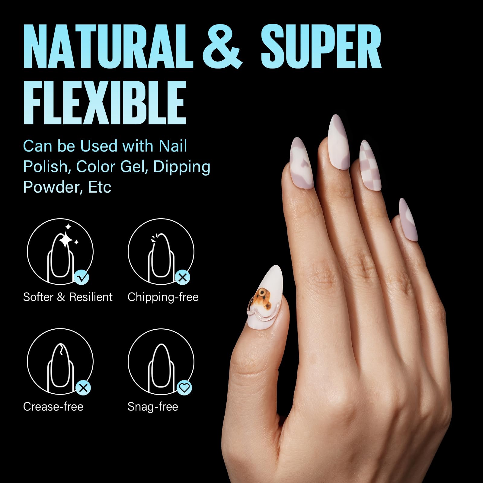 TOMICCA almond tips applied on a model hand showing natural-looking extensions