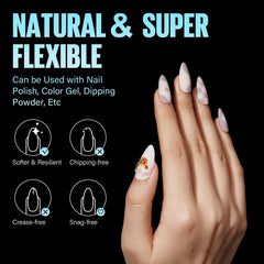 TOMICCA almond tips applied on a model hand showing natural-looking extensions