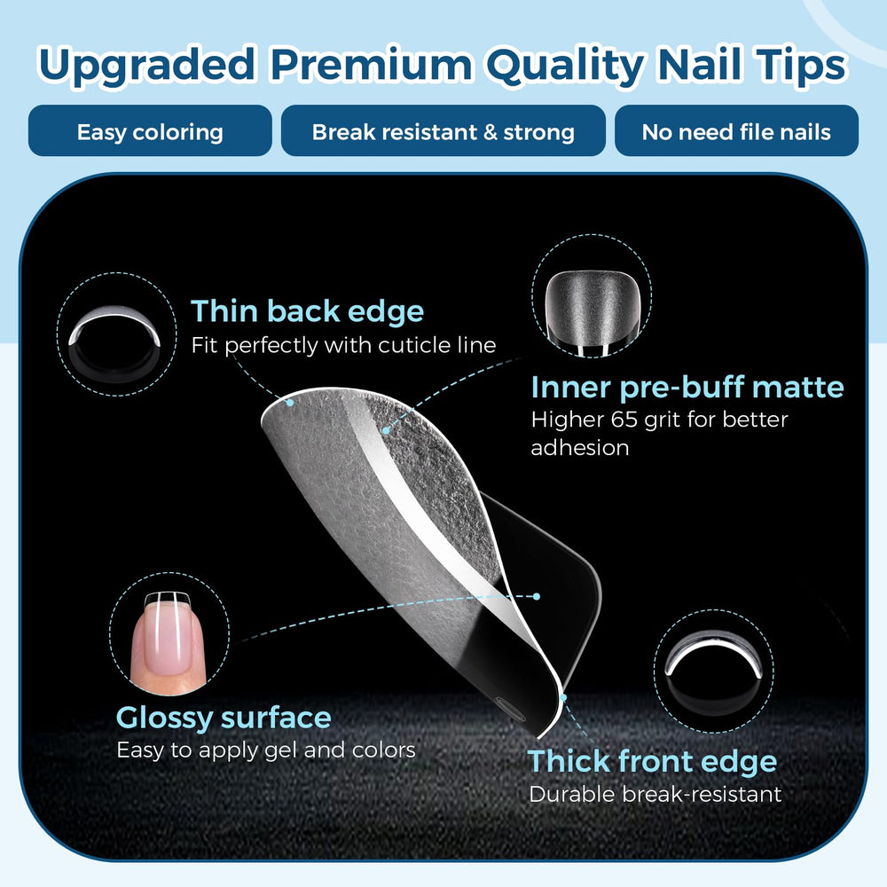 TOMICCA clear tip profile showing extra short square shape and flexible durability
