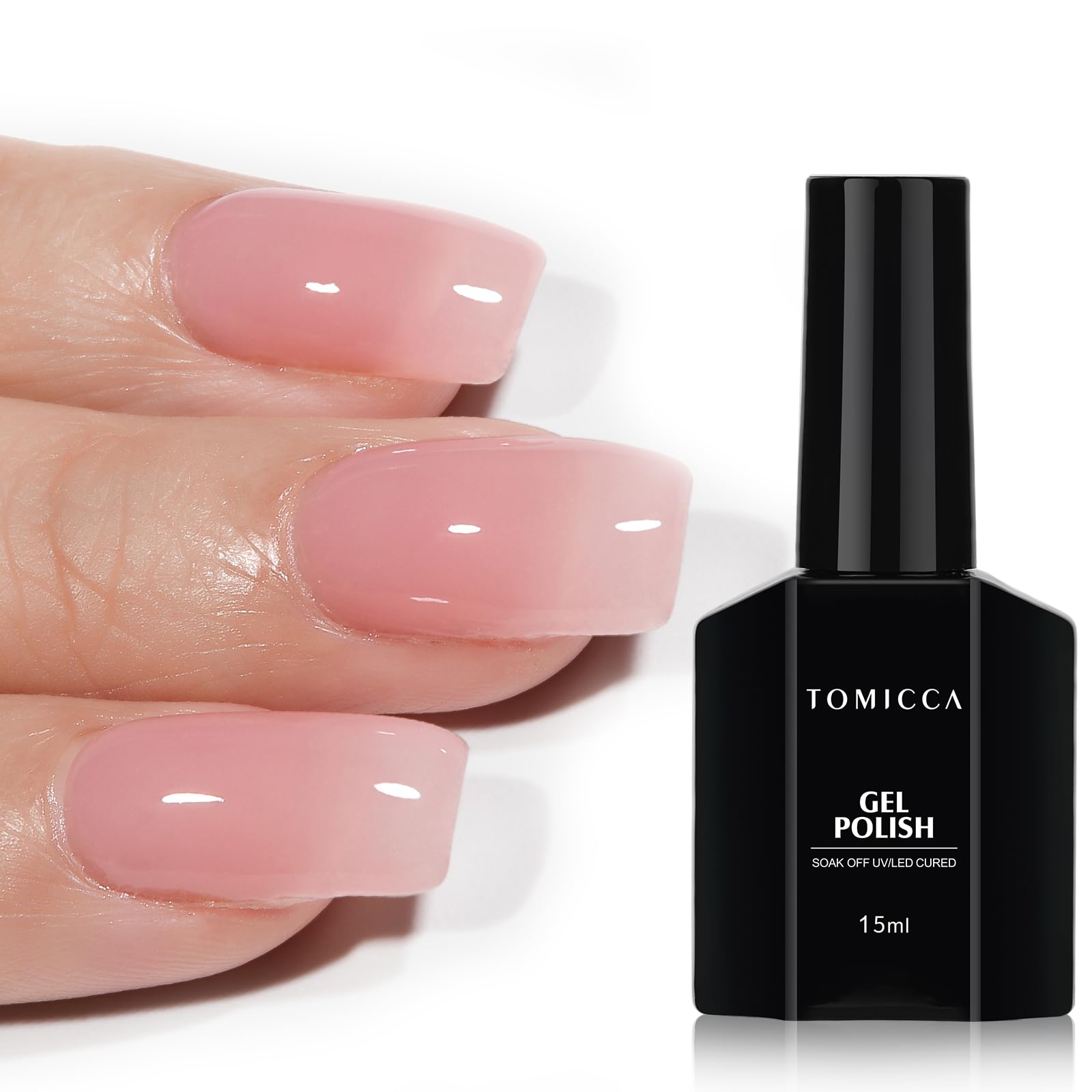 TOMICCA bottle front view showing jelly pink polish and clear label, glossy benefit