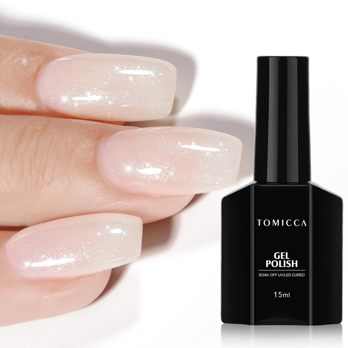 TOMICCA front bottle showing label and clear shimmer polish benefit long-lasting shine