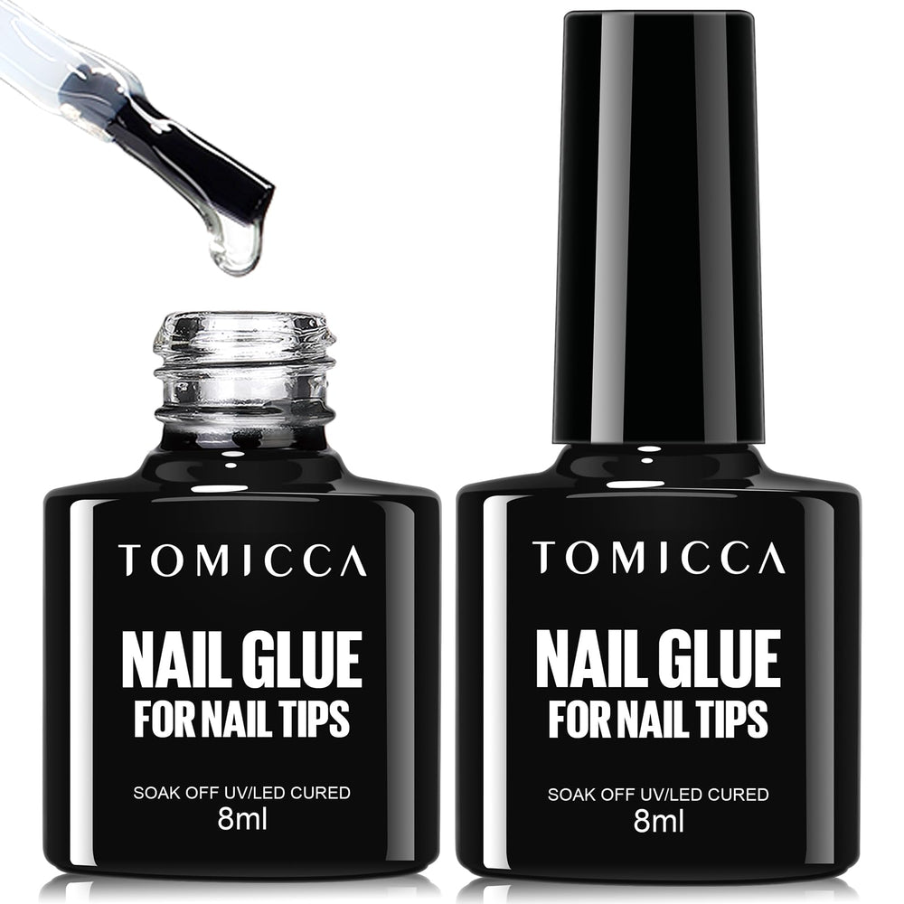 TOMICCA front packaging showing two 8ml brush-on gel bottles and product benefit