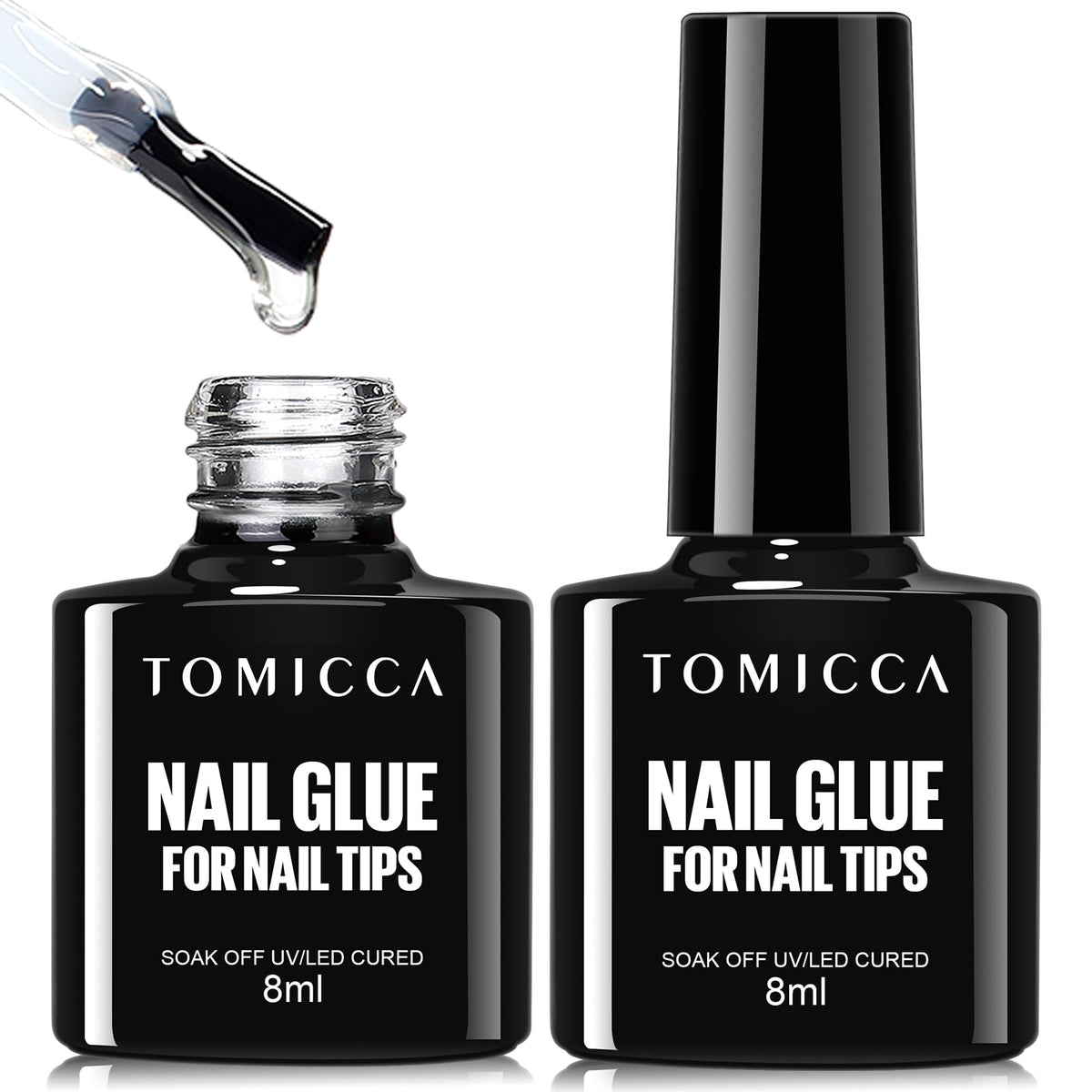 TOMICCA front packaging showing two 8ml brush-on gel bottles and product benefit