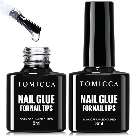 TOMICCA front packaging showing two 8ml brush-on gel bottles and product benefit