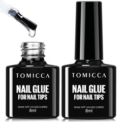 TOMICCA front packaging showing two 8ml brush-on gel bottles and product benefit
