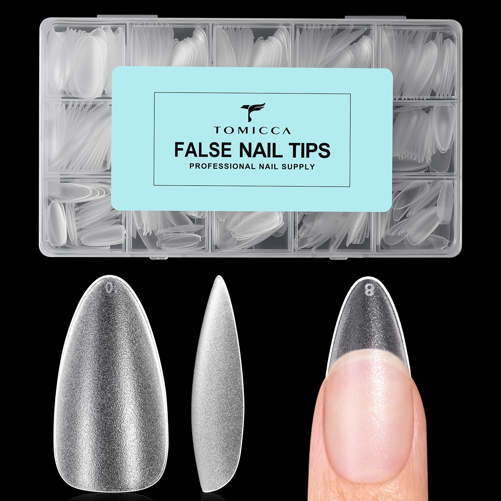 TOMICCA front packaging showing 450-piece almond tips, clear and ready to use