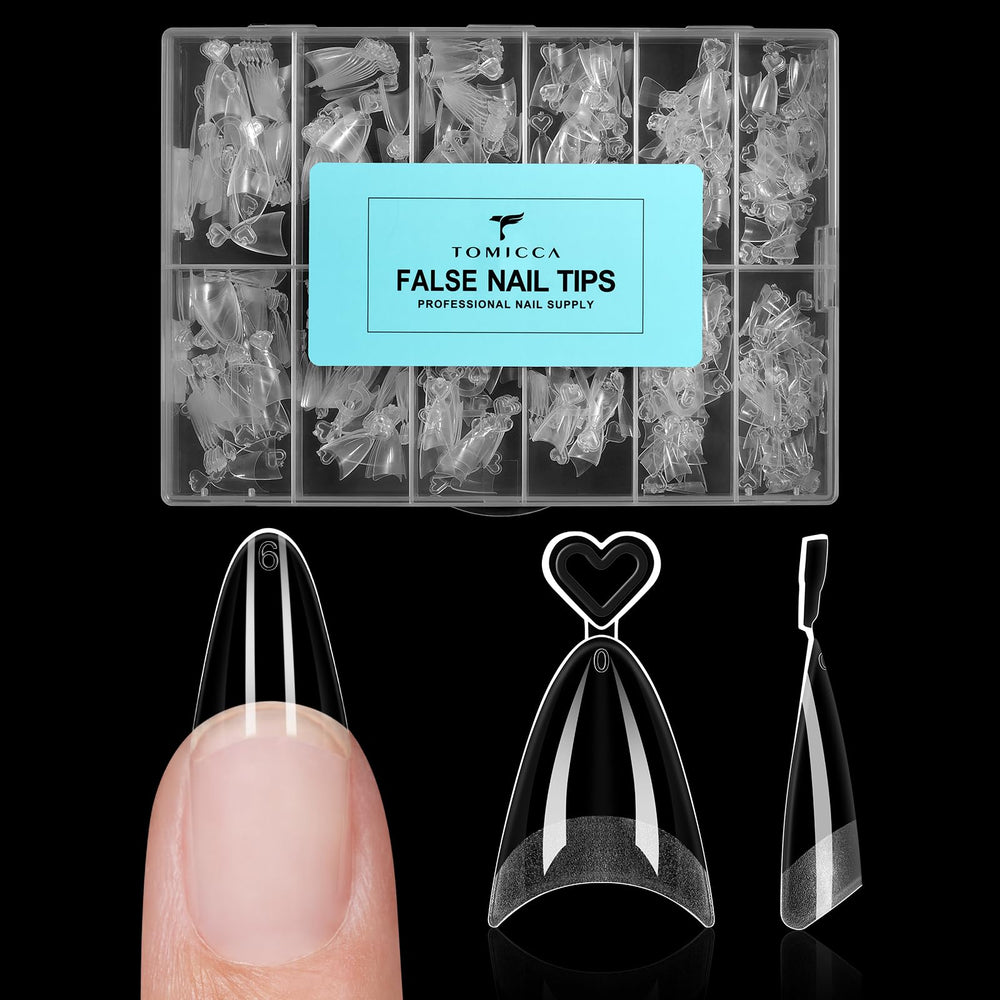 TOMICCA front packaging showing 504-piece almond tips and clear benefits