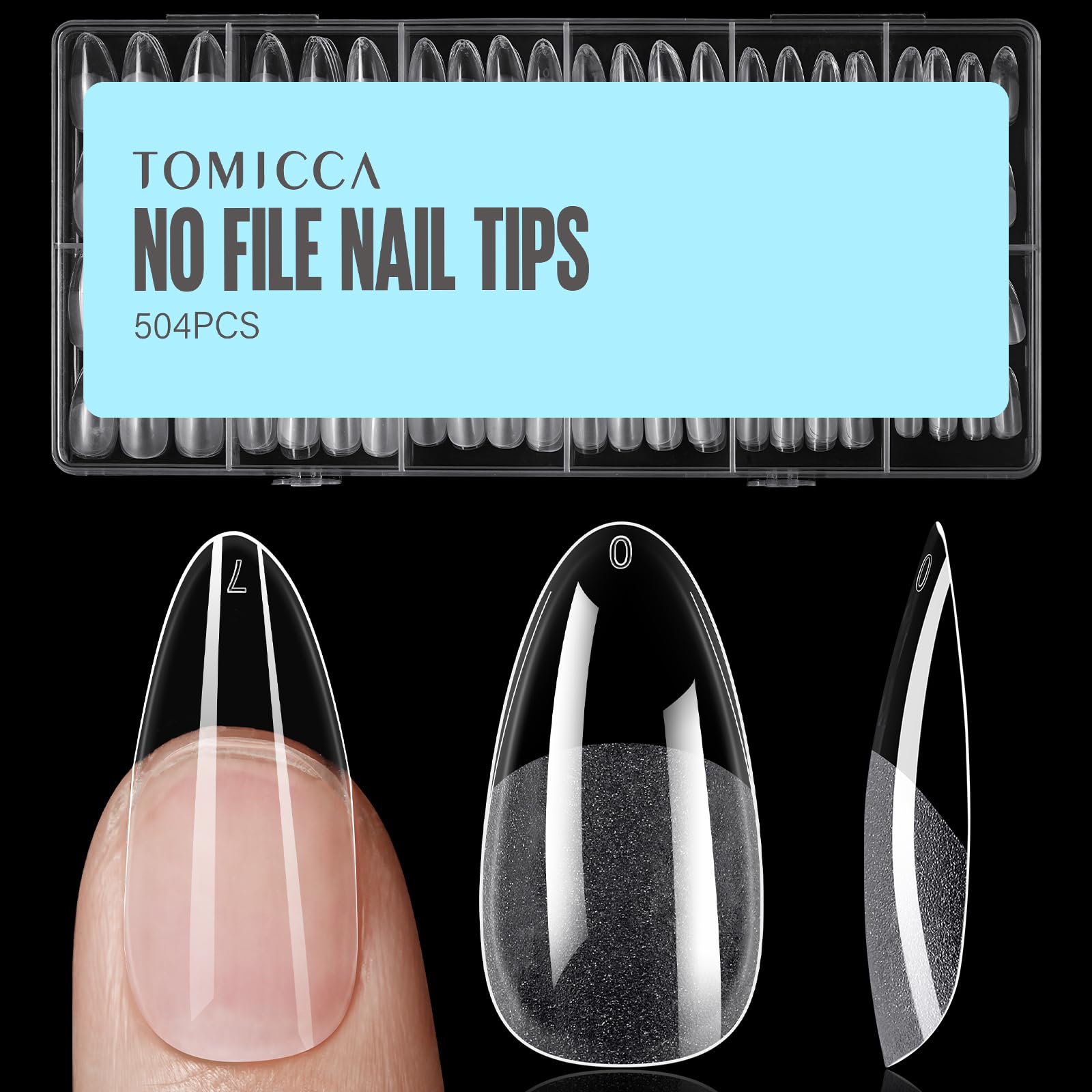 TOMICCA front packaging showing 504 almond nail tips and included sizes for convenience