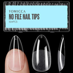 TOMICCA front packaging showing 504 almond nail tips and included sizes for convenience
