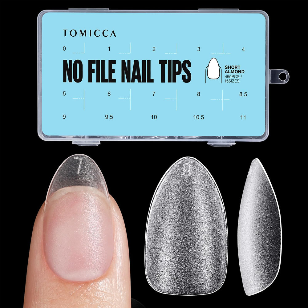 TOMICCA front packaging showing 450-piece almond tips kit benefit quick selection