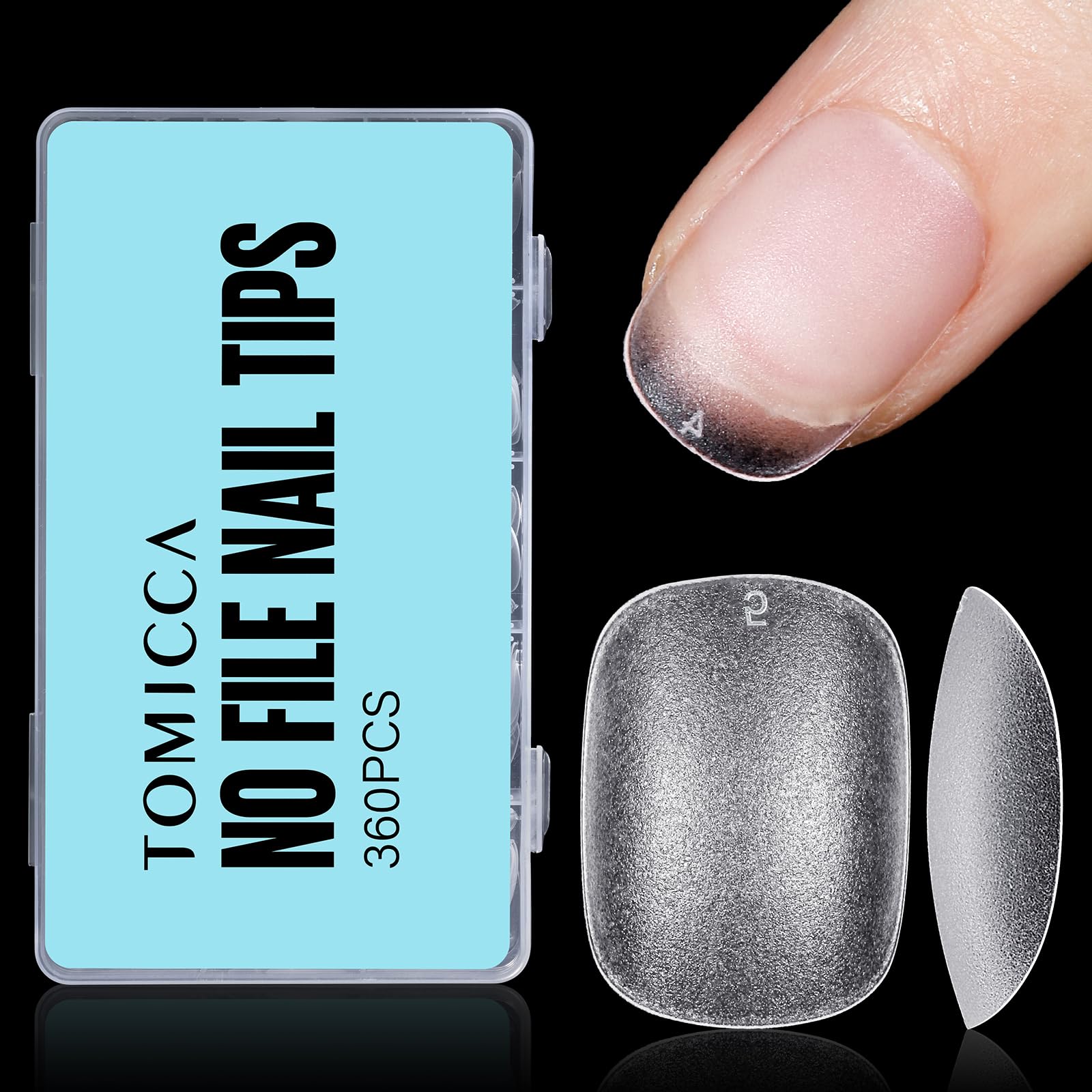 TOMICCA front packaging showing 360-piece matte gel tips and benefits