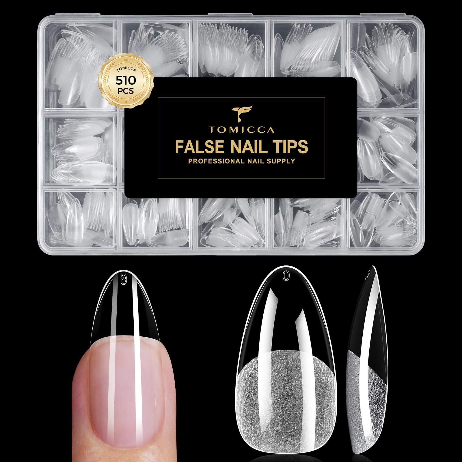 TOMICCA front packaging showing 510 medium almond tips and organized sizes for quick selection