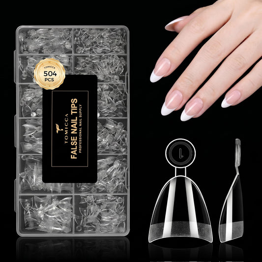 TOMICCA front packaging showing 504 short almond tips and clear labeling for convenience