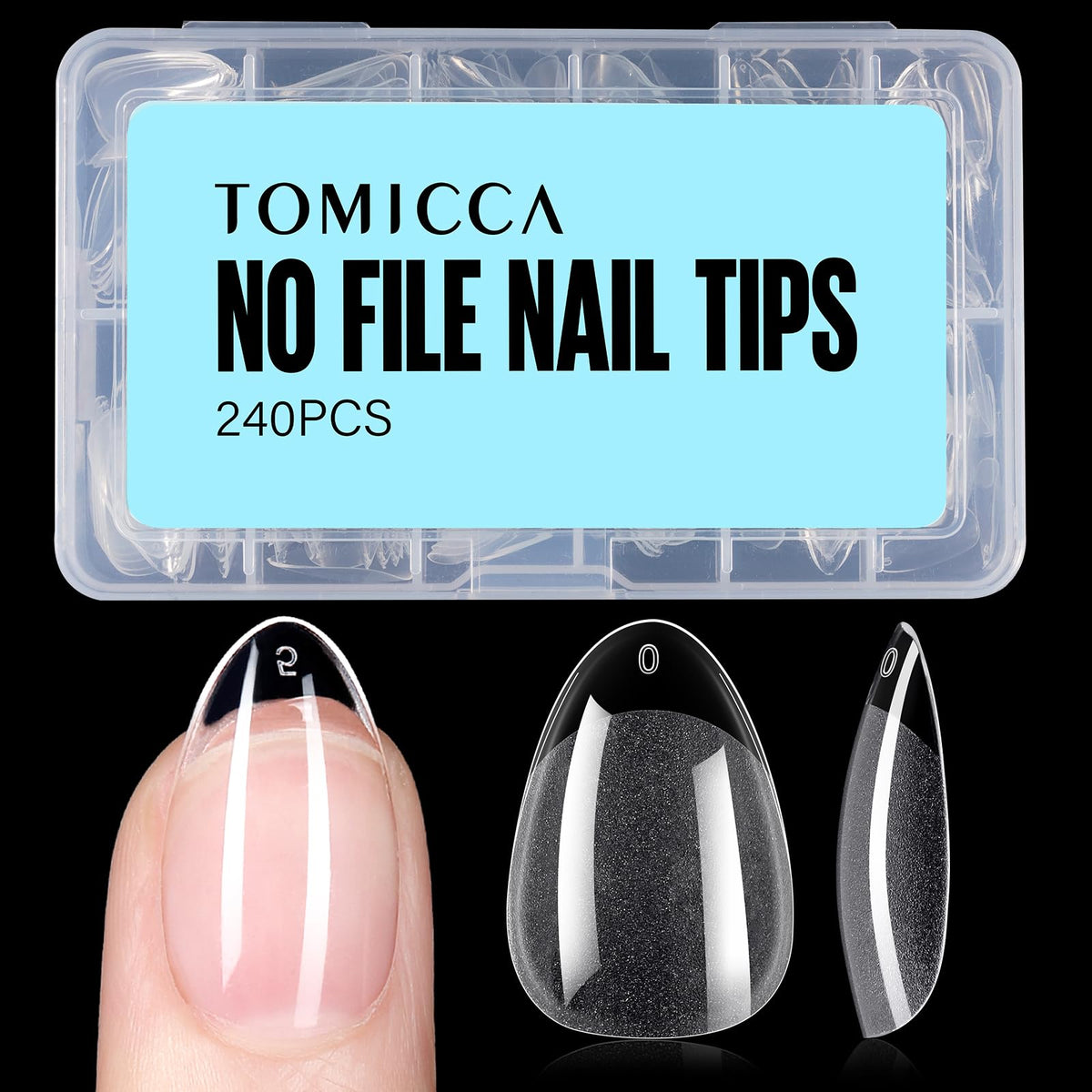 TOMICCA front packaging showing 240-piece almond tips, ready for quick manicures