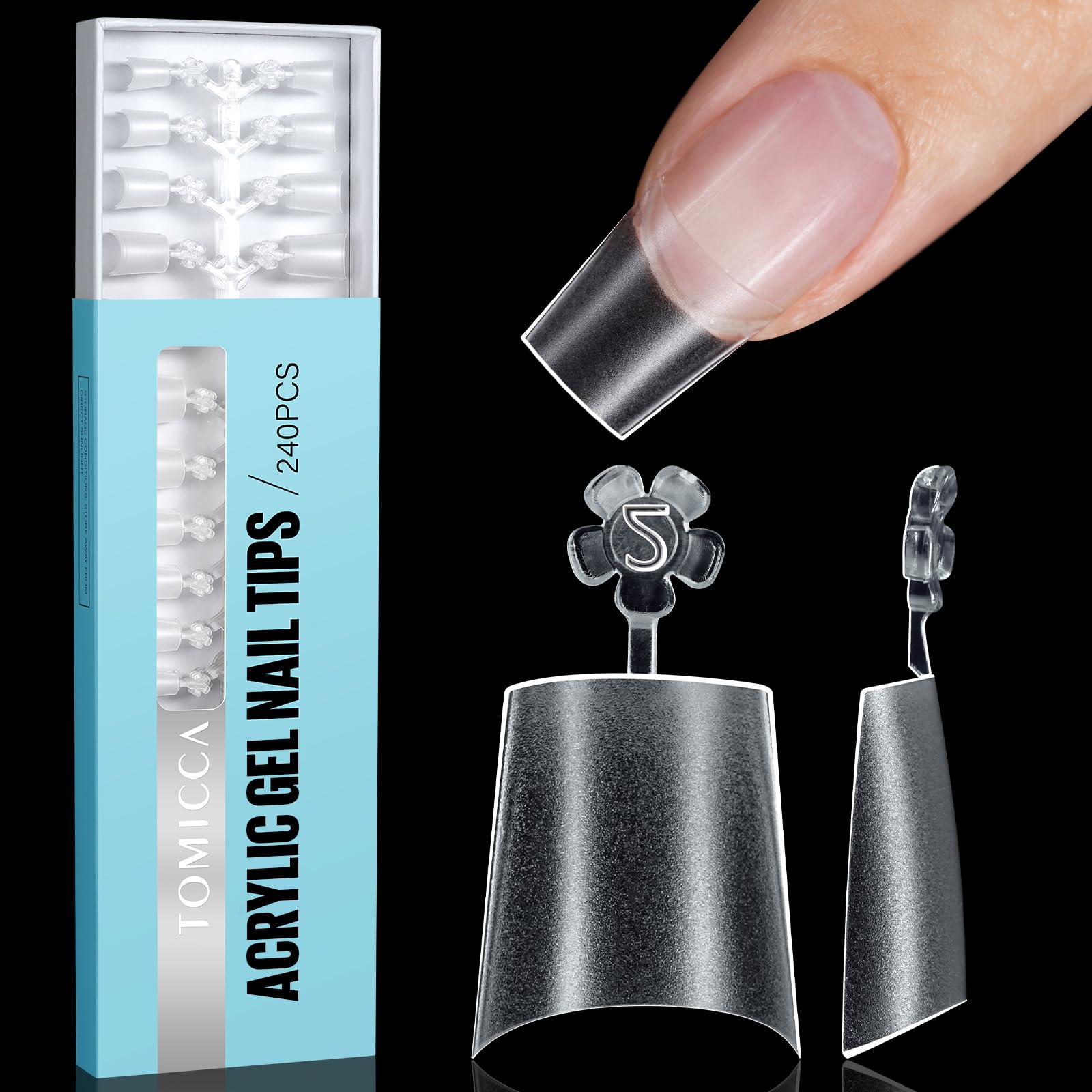 TOMICCA front packaging showing 240-piece coffin tips and quick selection benefit