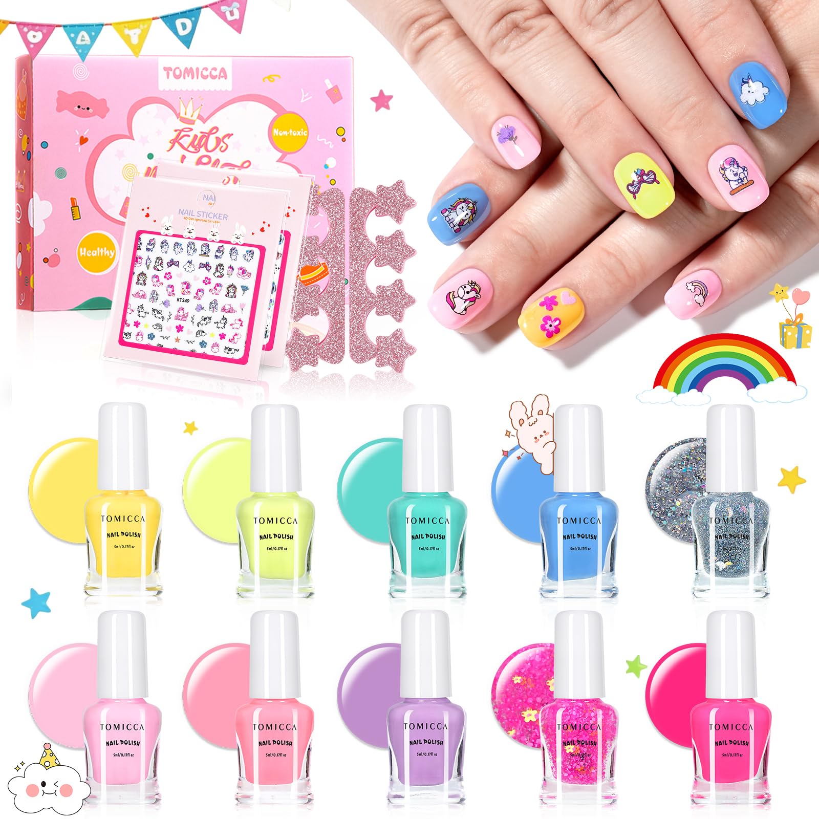 TOMICCA front packaging showing ten colorful polish bottles and kit benefits