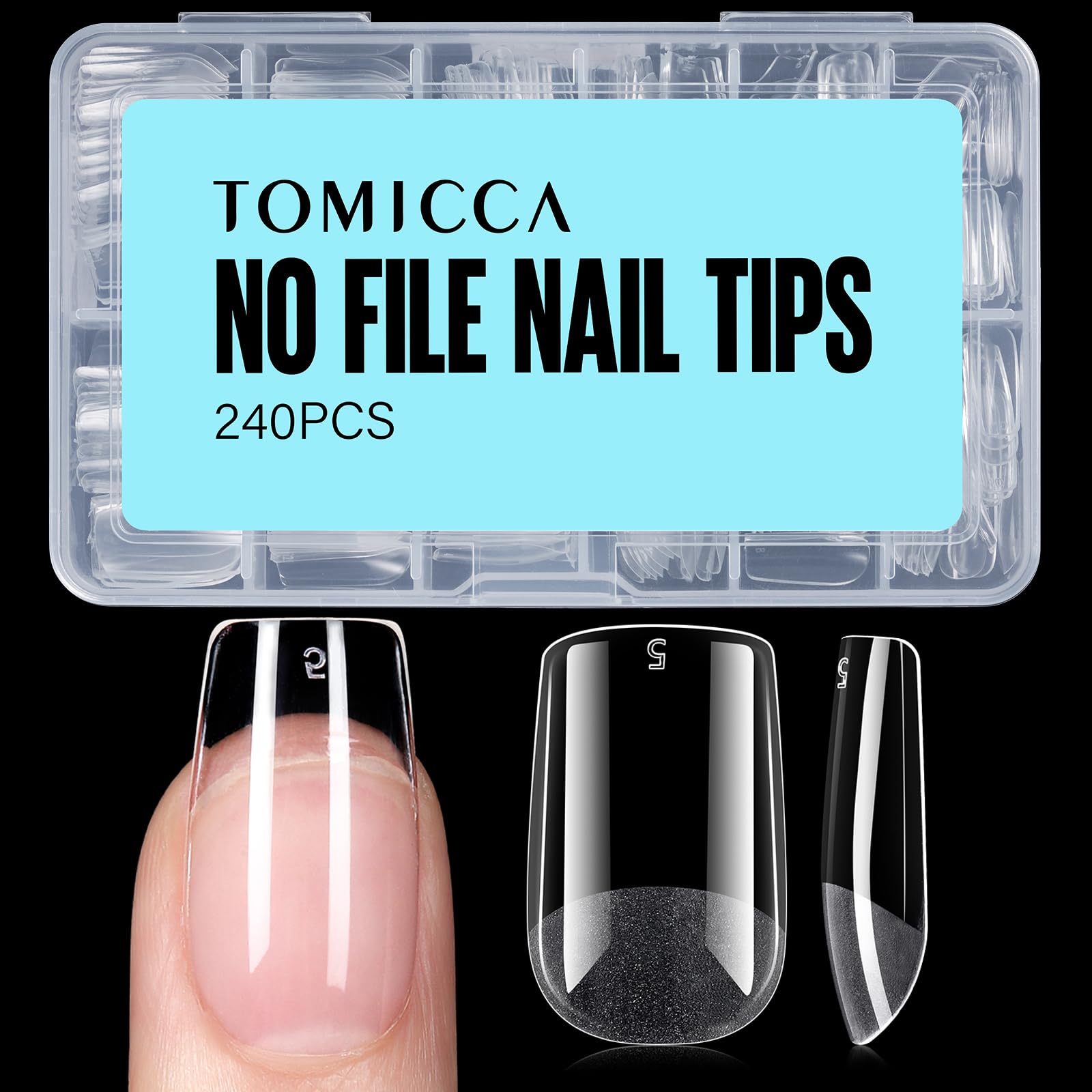 TOMICCA front packaging showing 240-piece kit and included sizes, ideal for quick nails