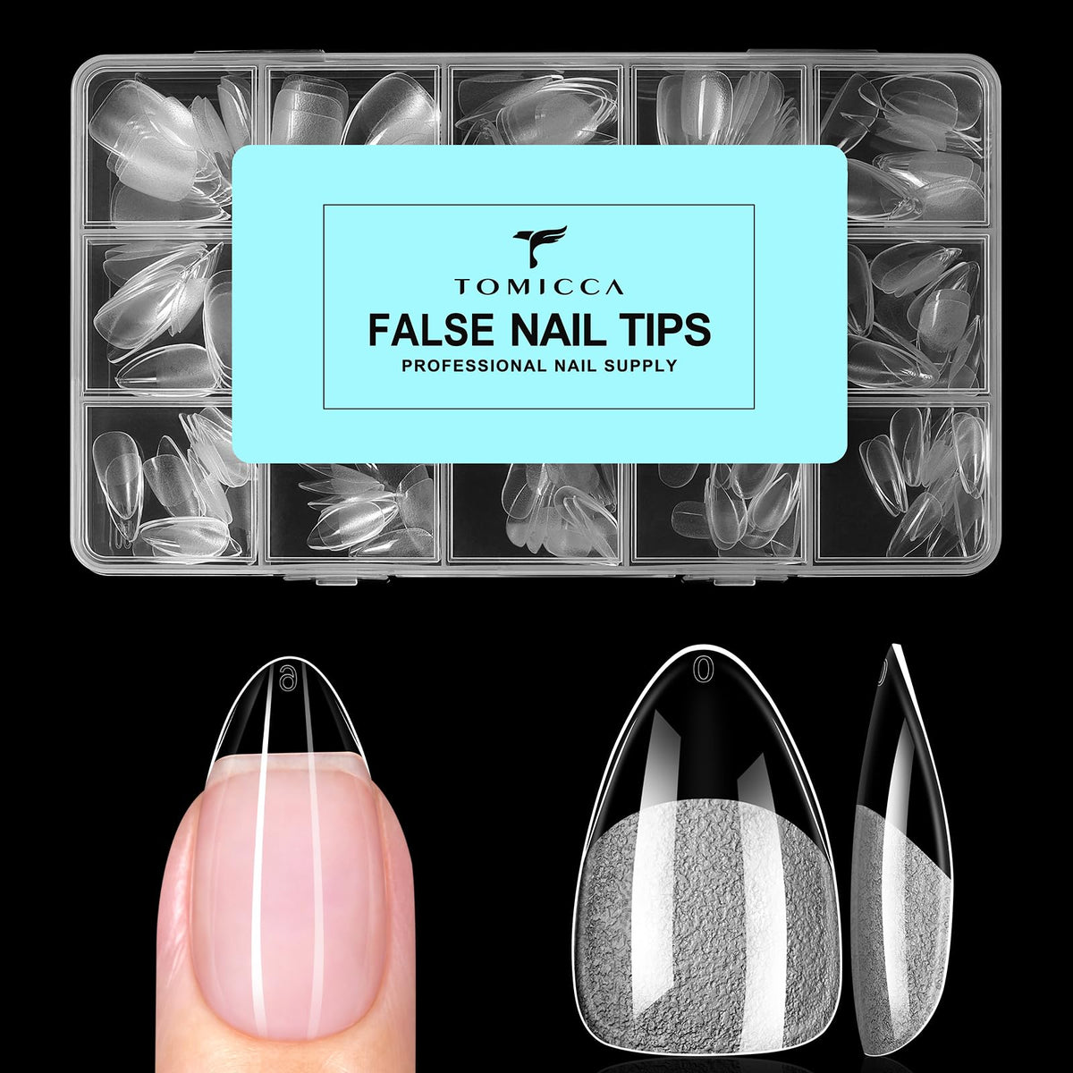 TOMICCA front packaging showing 240-piece kit and clear tips, ready to use