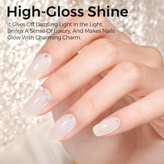 TOMICCA gel texture swatch showing iridescent particles for buildable coverage benefit