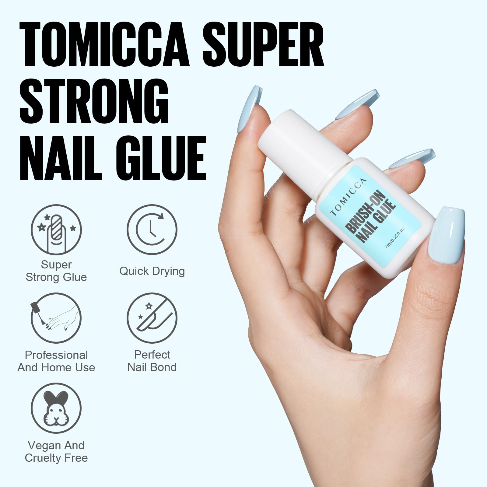TOMICCA applied to press-on nails in use for reliable, long-lasting hold